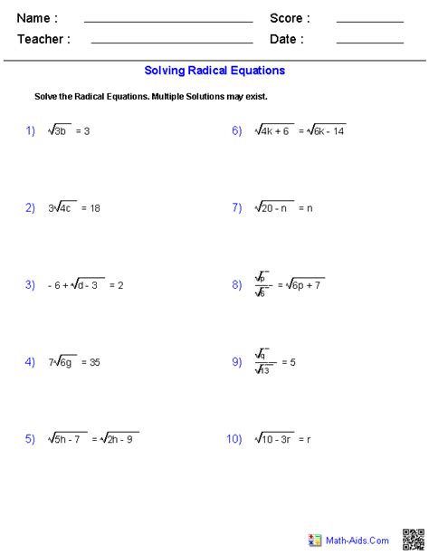 solving radical equations worksheet math 154b